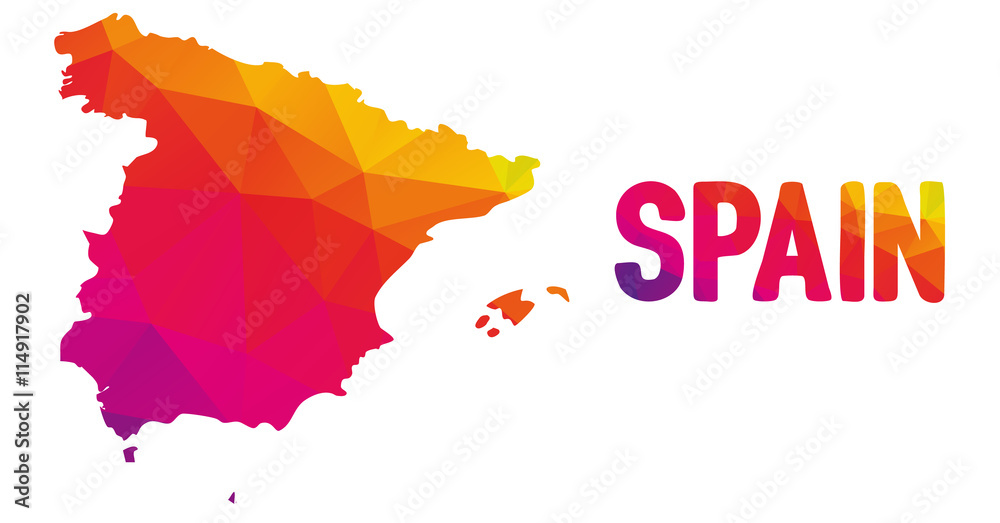 Low polygonal map of Spain in warm colors, Espana, Kingdom of Spain - Europe, EU; Mosaic colorful, abstract, geometry, cartography icon Low polygonal map of Spain in warm colors, Espana, Kingdom of Spain - Europe, EU; Mosaic colorful, abstract, geometry, cartography icon