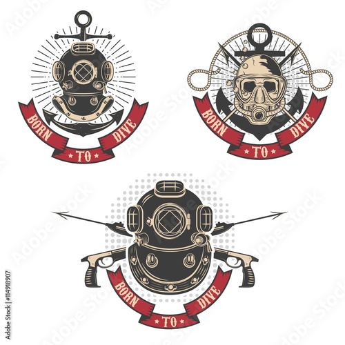 Born to dive. Set of diving club labels templates. Vintage diver