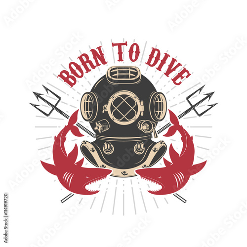 Vintage diver helmet with trident and sharks
