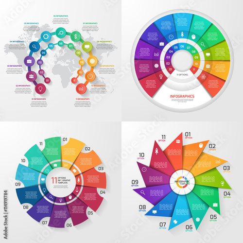 Set of four vector infographic templates. Business, education, industry, science concept with 11 values, options, parts, steps, processes.