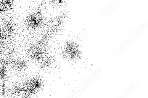 Silhouette of food flakes such as salt or almond or wheat flour spread on the flat surface or table. Top view of dust, sand blow or bread crumbs. Abstract grainy texture isolated on white background.