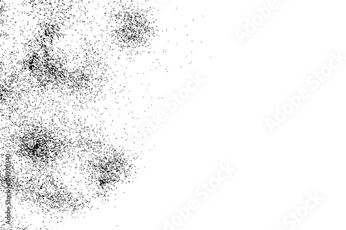 Silhouette of food flakes such as salt or almond or wheat flour spread on the flat surface or table. Top view of dust, sand blow or bread crumbs. Abstract grainy texture isolated on white background.