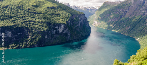 Geiranger fjord in Norway with view on seven sisters waterfalls