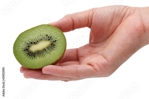 hand showing kiwi fruit isolated on white background