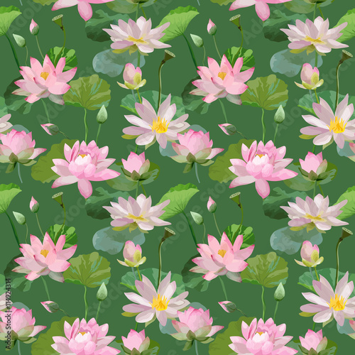 Vintage Waterlily Flowers in Watercolor Style. Seamless Background