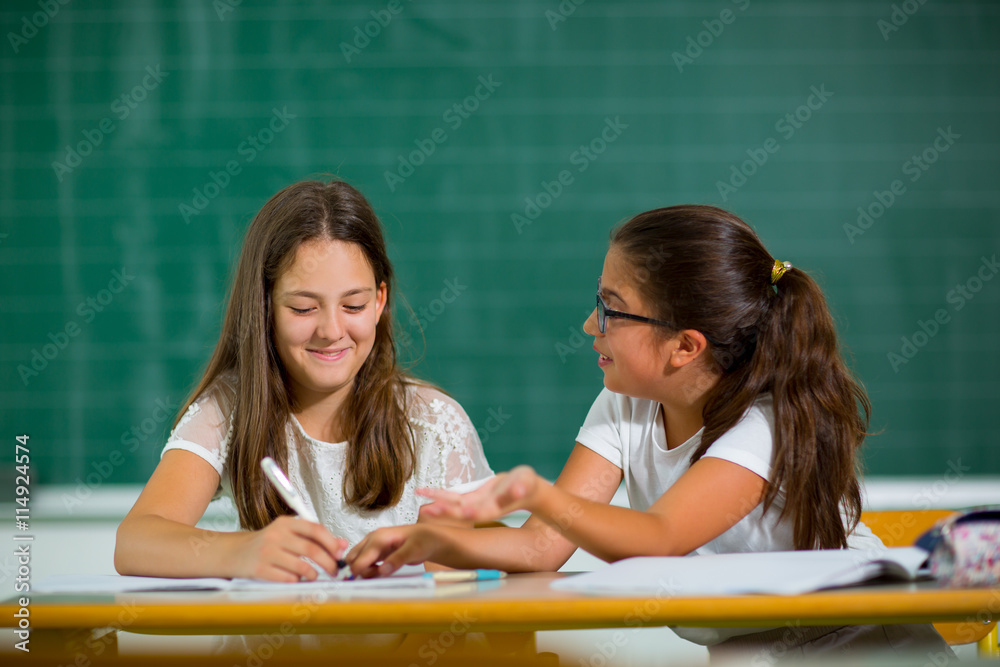Portrait of two happy schoolgirls in a classroom. Portrait of two happy schoolgirls in a classroom.