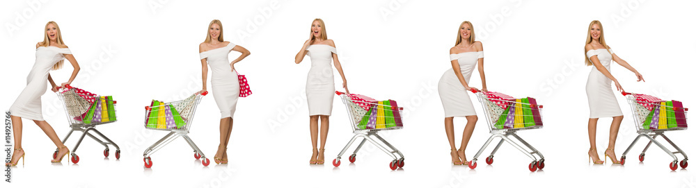 Woman in shopping concept isolated on white Woman in shopping concept isolated on white