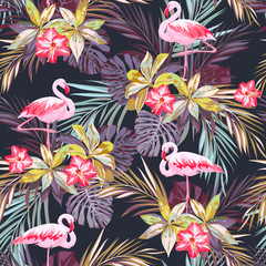 Tropical summer seamless pattern with flamingo birds and exotic plants