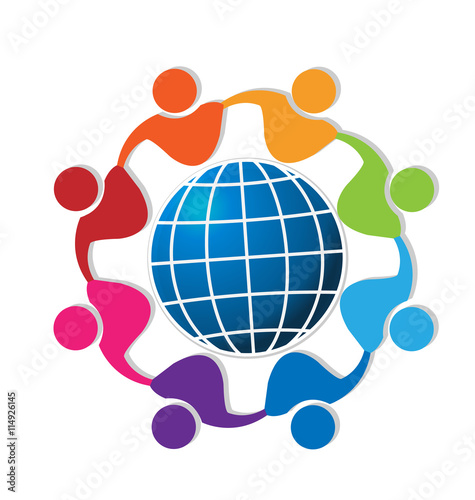 Teamwork hug people and world logo vector