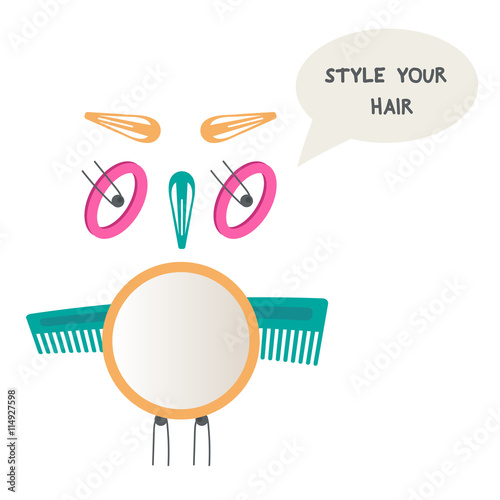Owl made of hair accessories. Do yourself hairstyle. Mirror, hair pins, hairbrush. Vector illustration. 