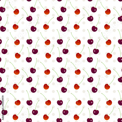 Cherry seamless pattern 3. Sweet cherry and cherry on a white polka dot background in seamless pattern