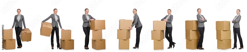 Composite image of woman with boxes on white Composite image of woman with boxes on white