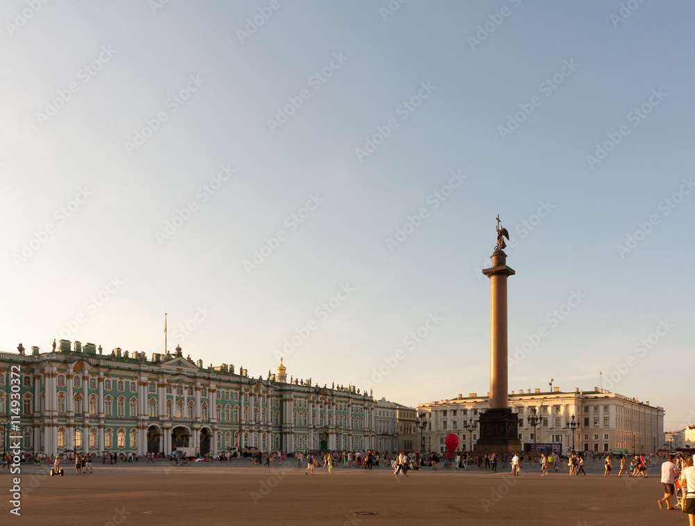 Palace Square and Alexander Column in St. Petersburg on a summer evening.