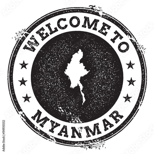 Vintage passport welcome stamp with Myanmar map. Grunge rubber stamp with Welcome to Myanmar text, vector illustration.