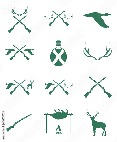 Hunting equipment and trophies icons set. Vector illustration