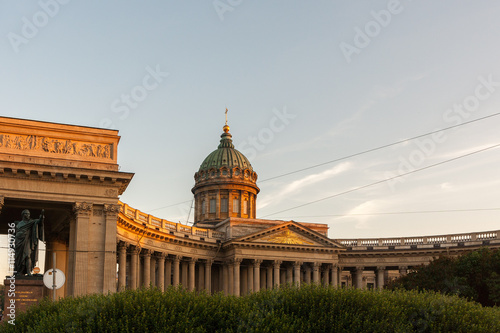Kazan Cathedral of St. Petersburg in the bright light of sunset.