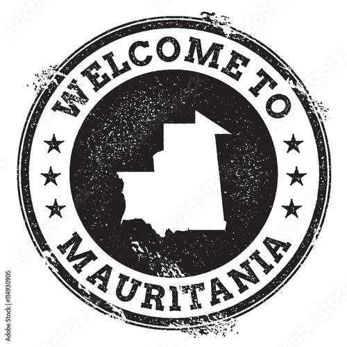 Vintage passport welcome stamp with Mauritania map. Grunge rubber stamp with Welcome to Mauritania text, vector illustration.