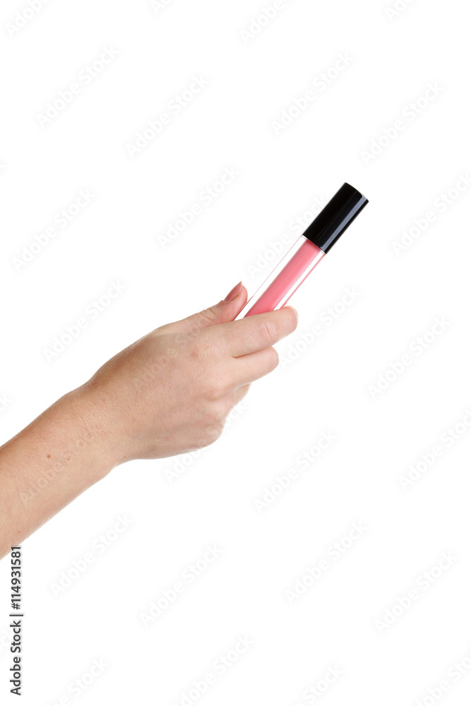Female hand with lip gloss isolated on white