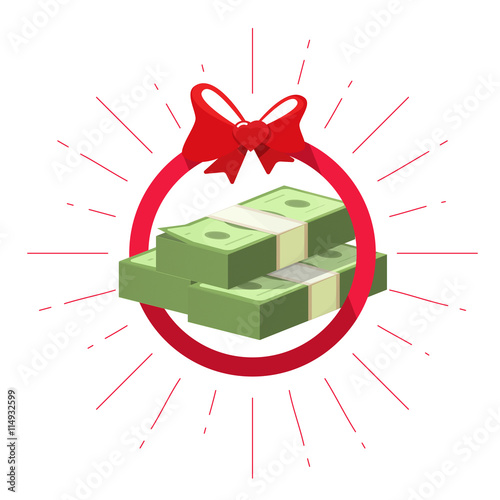 Money prize win vector symbol flat icon, pile of american dollars cash win, abstract rays emblem, gift award heart bow ribbon, game achievement label, illustration design isolated on white