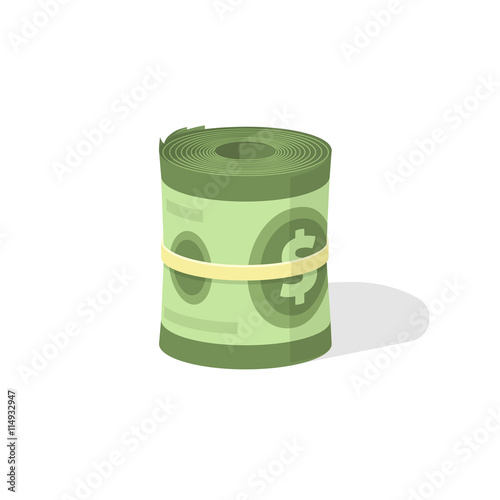 Money roll 3d vector icon, bankroll dollar bill rolled flat illustration isolated on white background