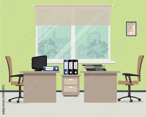 Workplace for two office workers. Vector flat illustration. On the picture the tables, a chairs, the  computer,  folders and other objects in beige colors are situated on a window background