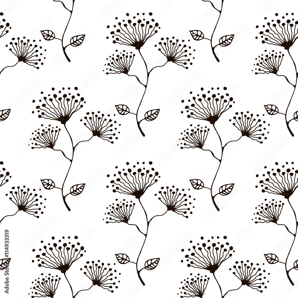 Seamless vector floral pattern. Hand drawn black and white background ...