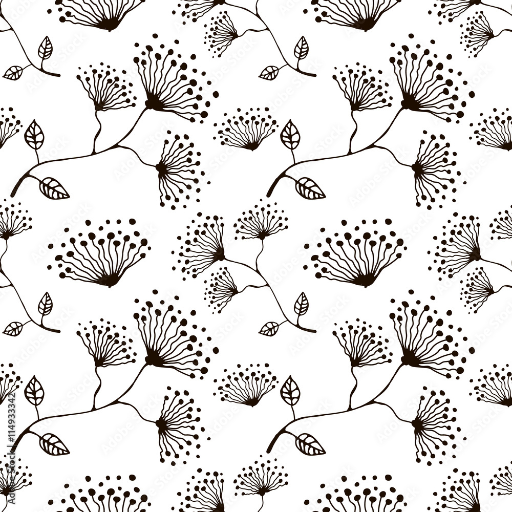 Seamless vector floral pattern. Hand drawn black and white background ...