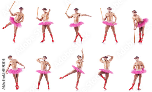 Man wearing ballet tutu isolated on white