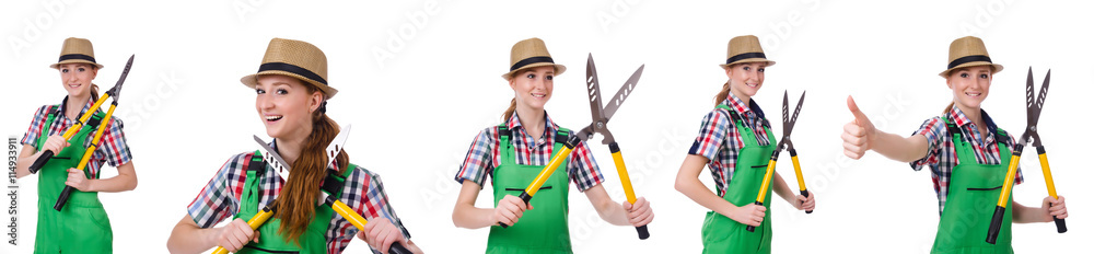 Young woman with shears on white Young woman with shears on white