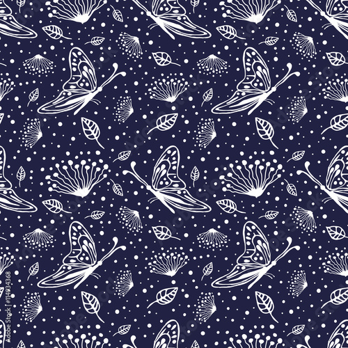 Seamless vector floral pattern with insect. Cute hand drawn blue background with flowers, butterfly and dots. Inc painting. Series of Hand Drawn Seamless Patterns.