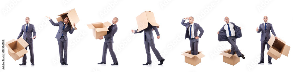 Collage of photos with man and boxes Collage of photos with man and boxes