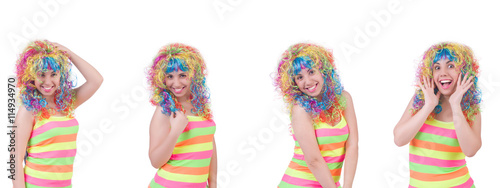 Woman with colourful wig isolated on white