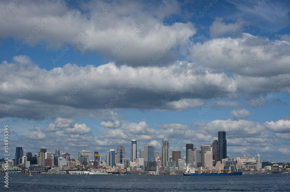 Seattle Skyline. A summertime view of the Seattle skyline looking from west Seattle across Elliott Bay. Cruise ships, ferryboats, tugboats, and freighters are a common sight in this maritime city.