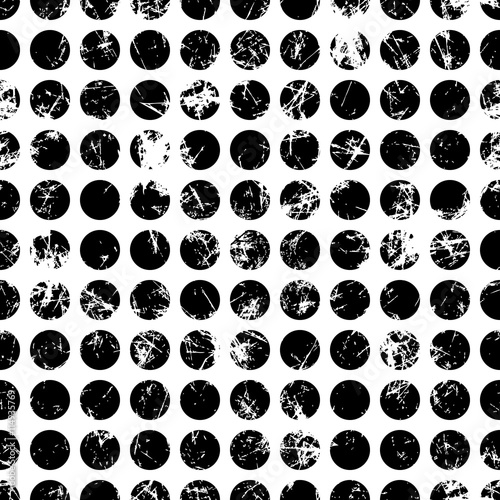 Seamless vector pattern. Creative geometric black and white background with circles. Texture with attrition, cracks and ambrosia. Old style vintage design. Graphic illustration.