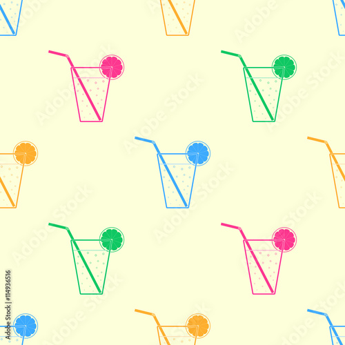 Colored glasses of lemonade with straws and lemon slices. Seamle