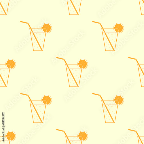 Orange glasses of lemonade with straws and lemon slices. Seamles