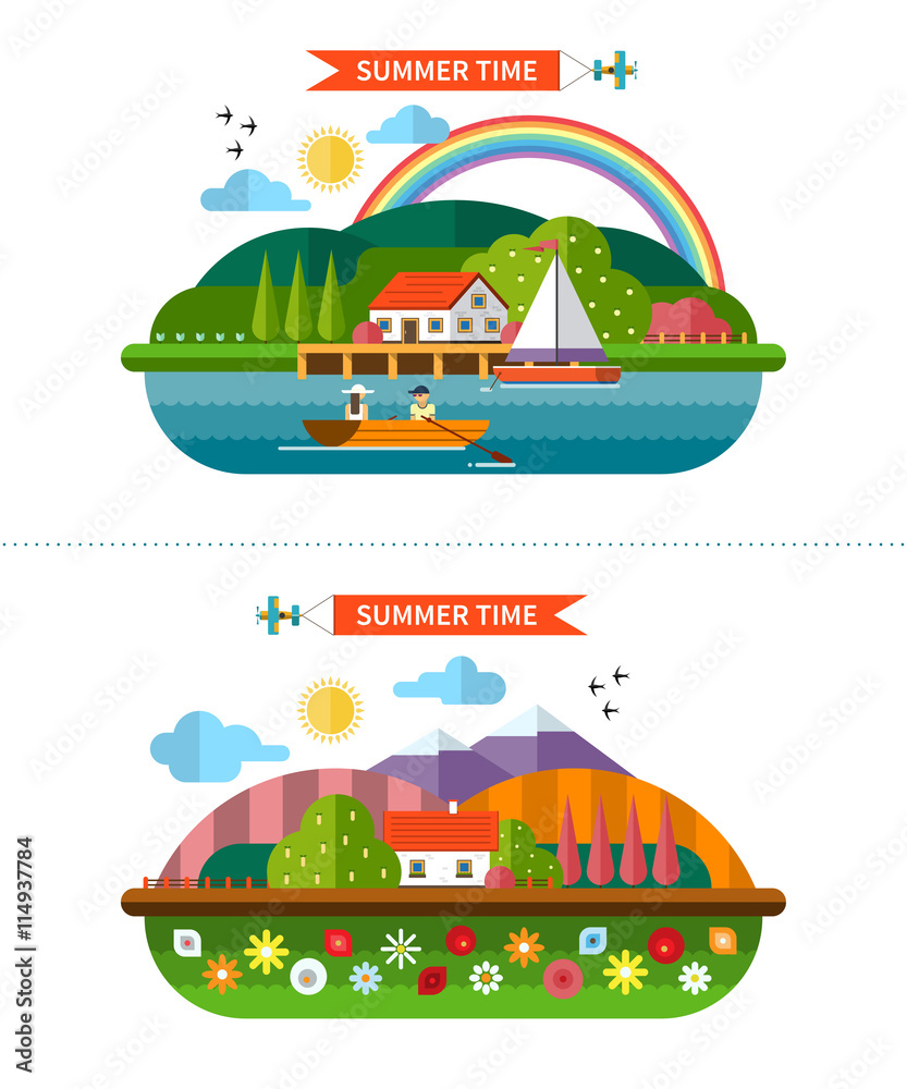 Set of summer landscape backgrounds in flat style