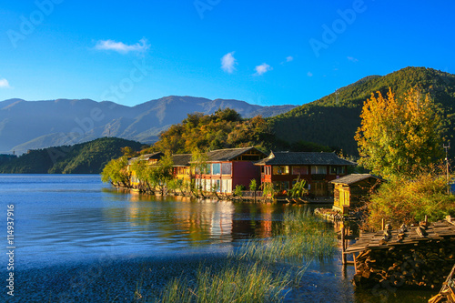 Peaceful view of the Lugu lake in the morning photo