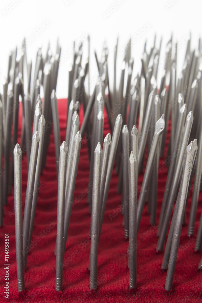Pierced red velvet with metal nails in rows on a white background. Pierced red velvet with metal nails in rows on a white background.