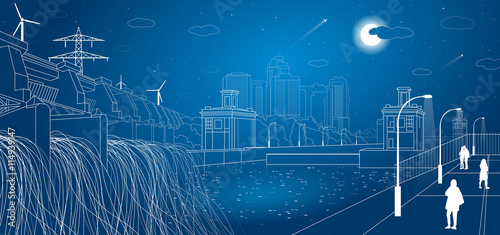 Gateways, night city embankment, hydro power plant, people walk, city infrastructure, vector design art