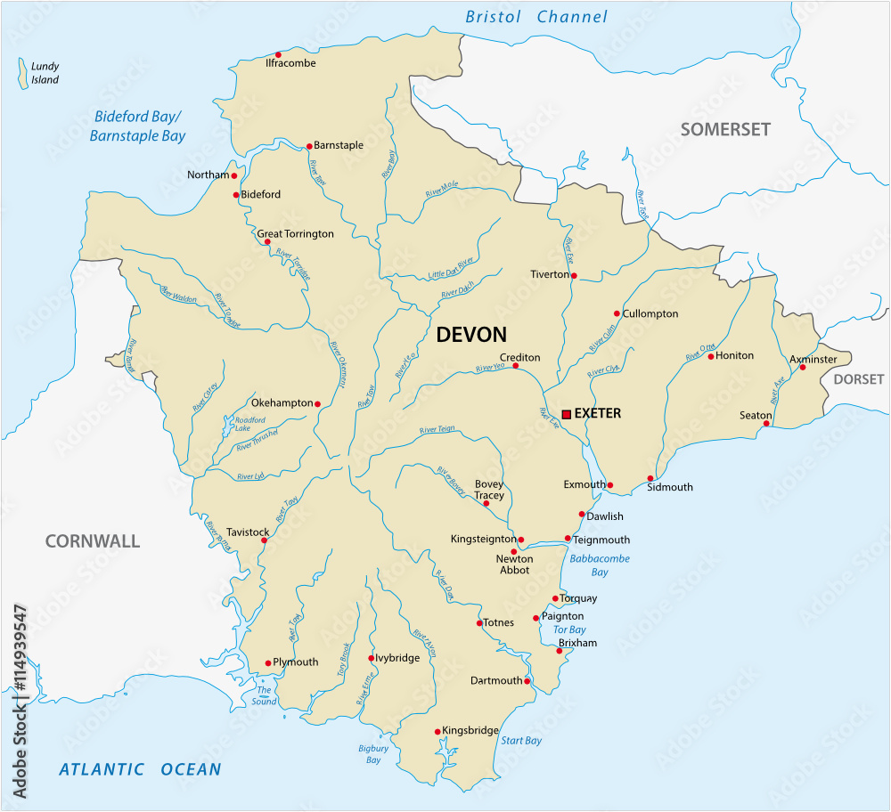 County Of Devon Map Vector Map Of The County Devon, England Stock Vector | Adobe Stock