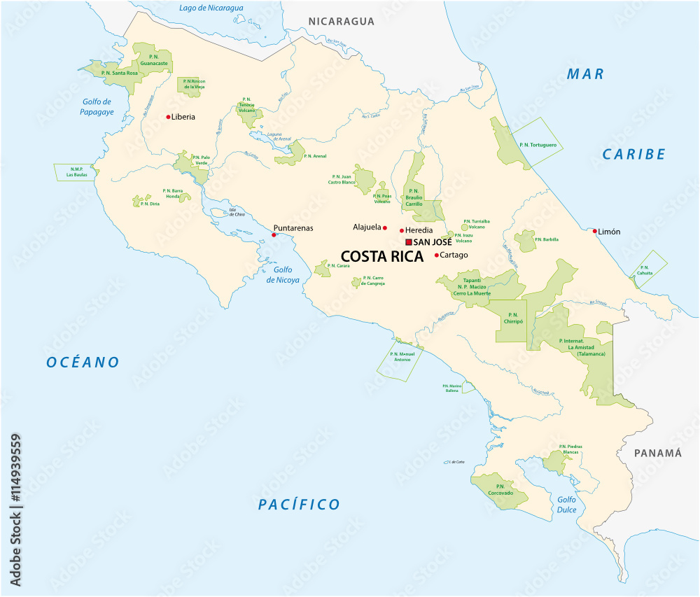 vector map of the national parks of Costa Rica