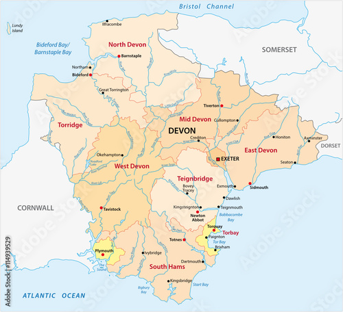 vector administrative map of the county devon, england