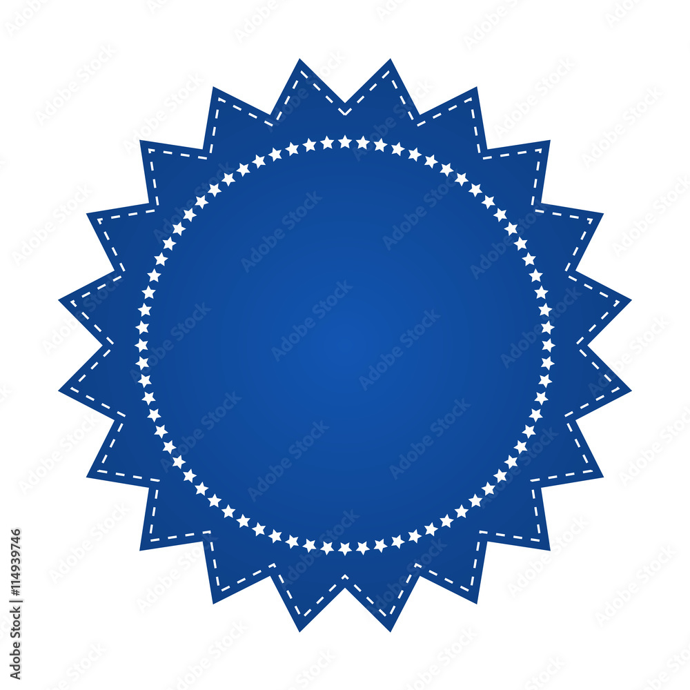 Embroidered blue round ribbon stamp isolated on white. Can be used for banner, award, sale, icon, logo, label etc. Vector illustration