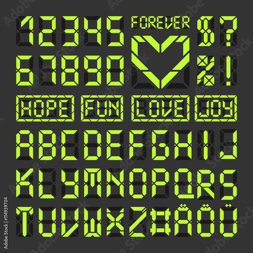 Digital led font alphabet letters and numbers