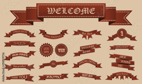 Embroidered brown vintage ribbons and stumps with business text. Can be used for banner, award, sale, icon, logo, label etc. Vector illustration