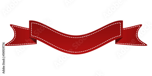 Embroidered red ribbon isolated on white. Can be used for banner, award, sale, icon, logo, label etc. Vector illustration