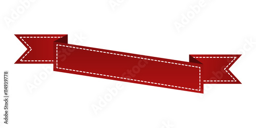 Embroidered red ribbon isolated on white. Can be used for banner, award, sale, icon, logo, label etc. Vector illustration