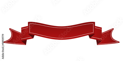 Embroidered red ribbon isolated on white. Can be used for banner, award, sale, icon, logo, label etc. Vector illustration