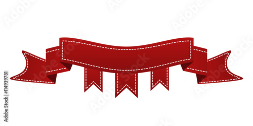 Embroidered red ribbon isolated on white. Can be used for banner, award, sale, icon, logo, label etc. Vector illustration